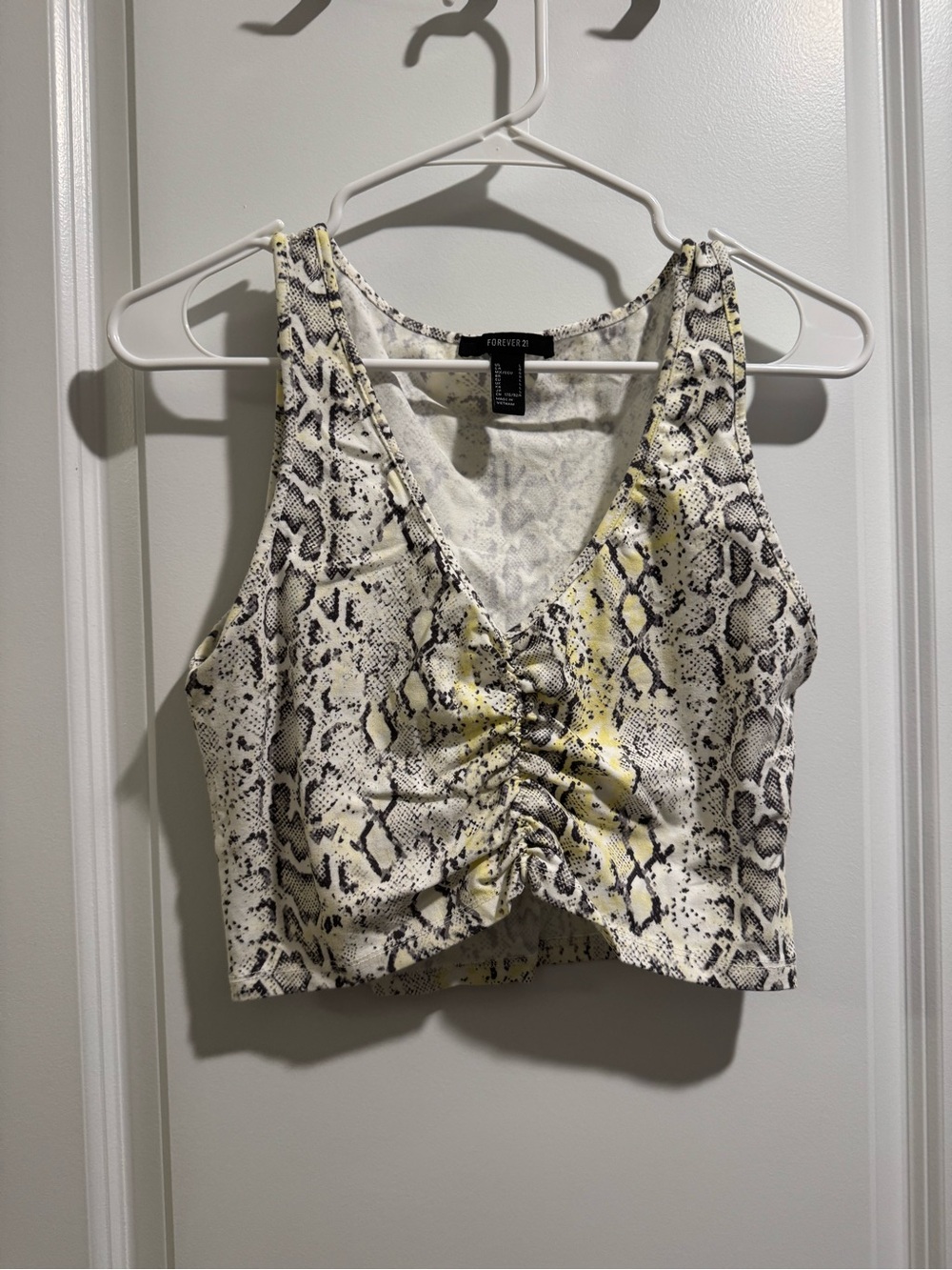 Forever 21 Yellow and Black Snake-Print Ruched V-Neck Crop Top